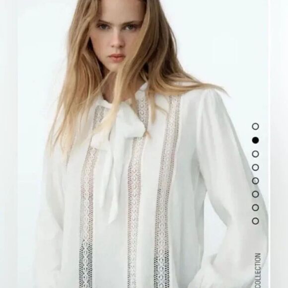 ZARA ROMANTIC LACE INSERT LANTERN SLEEVE TIE NECK BLOUSE - Picture 5 of 8